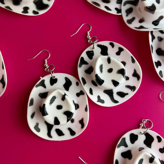 Cow Print Cowboy Hat Earrings