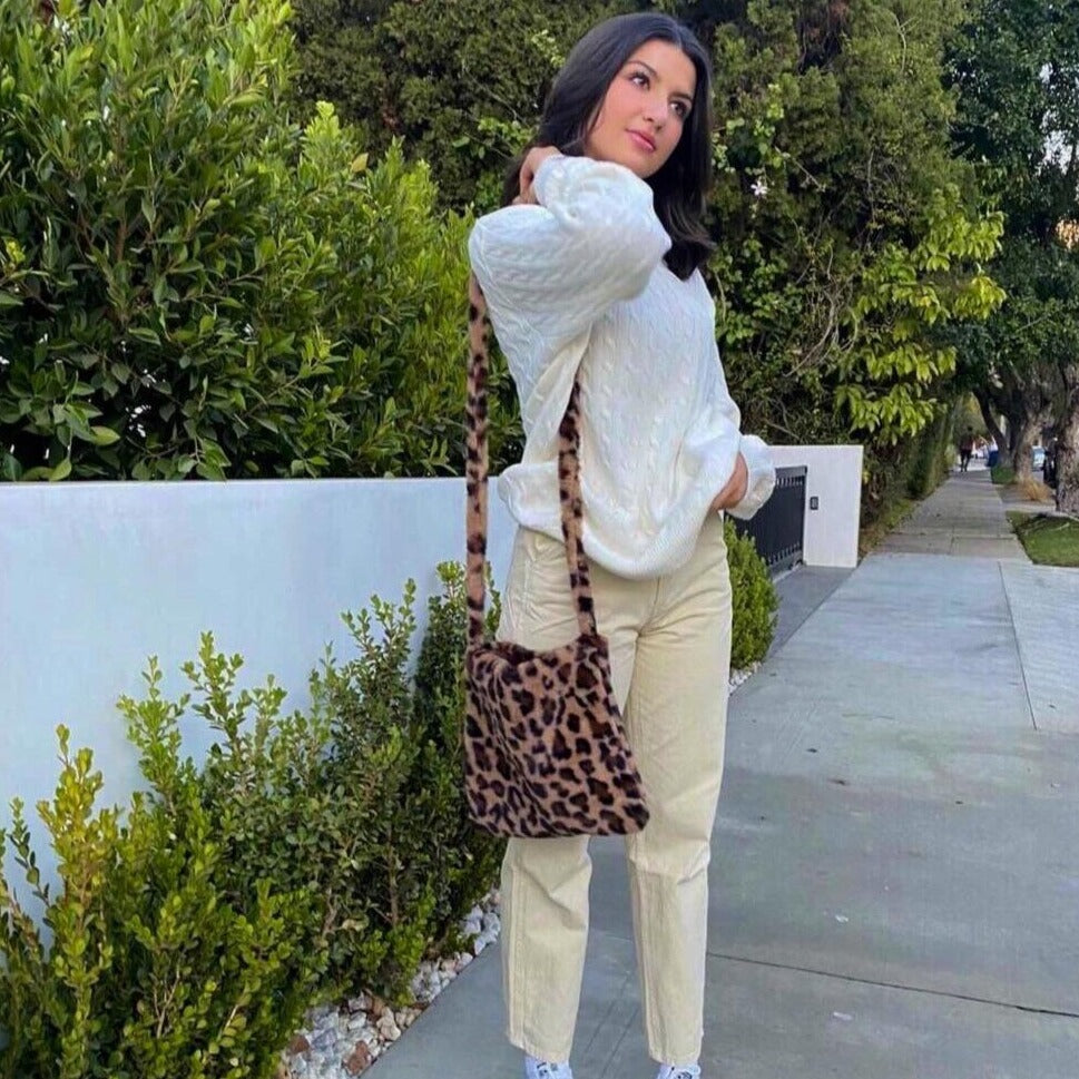 brown cheetah fur tote