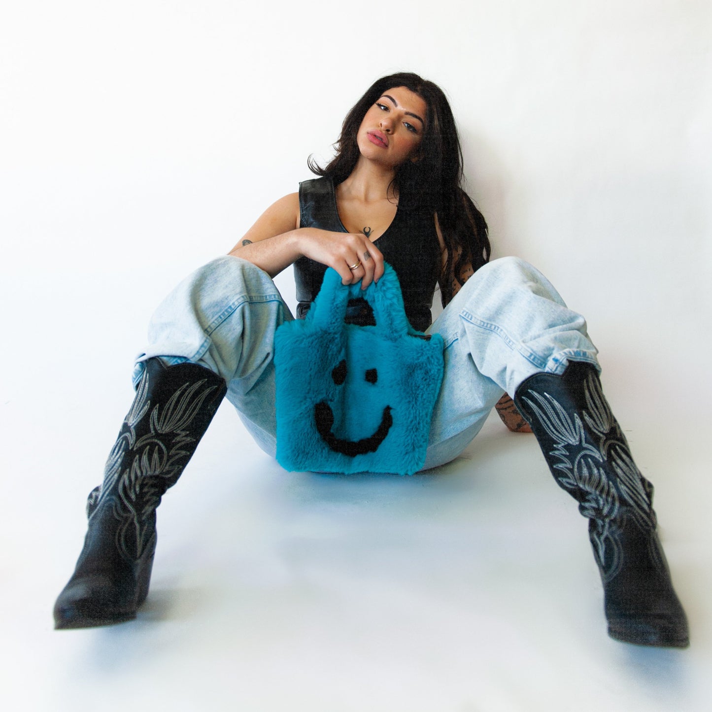 blue smiley cowgirl clutch