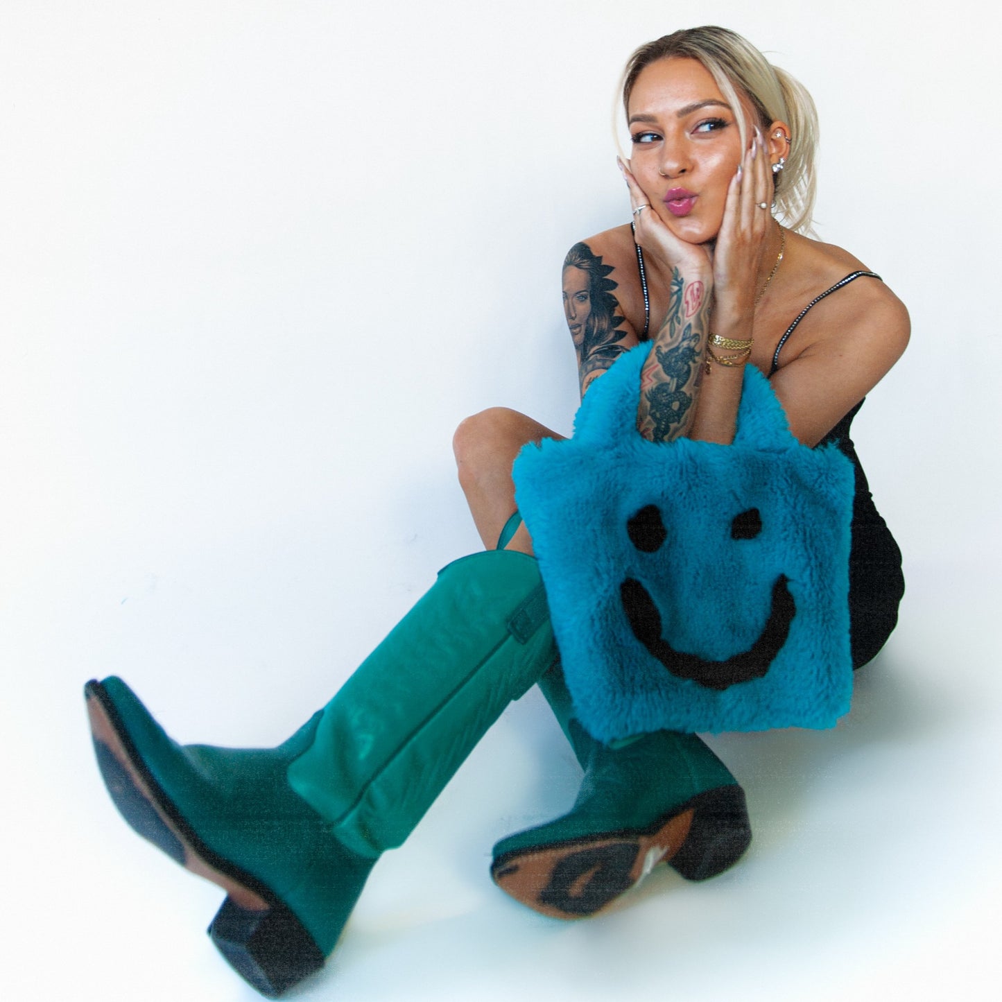 blue smiley cowgirl clutch