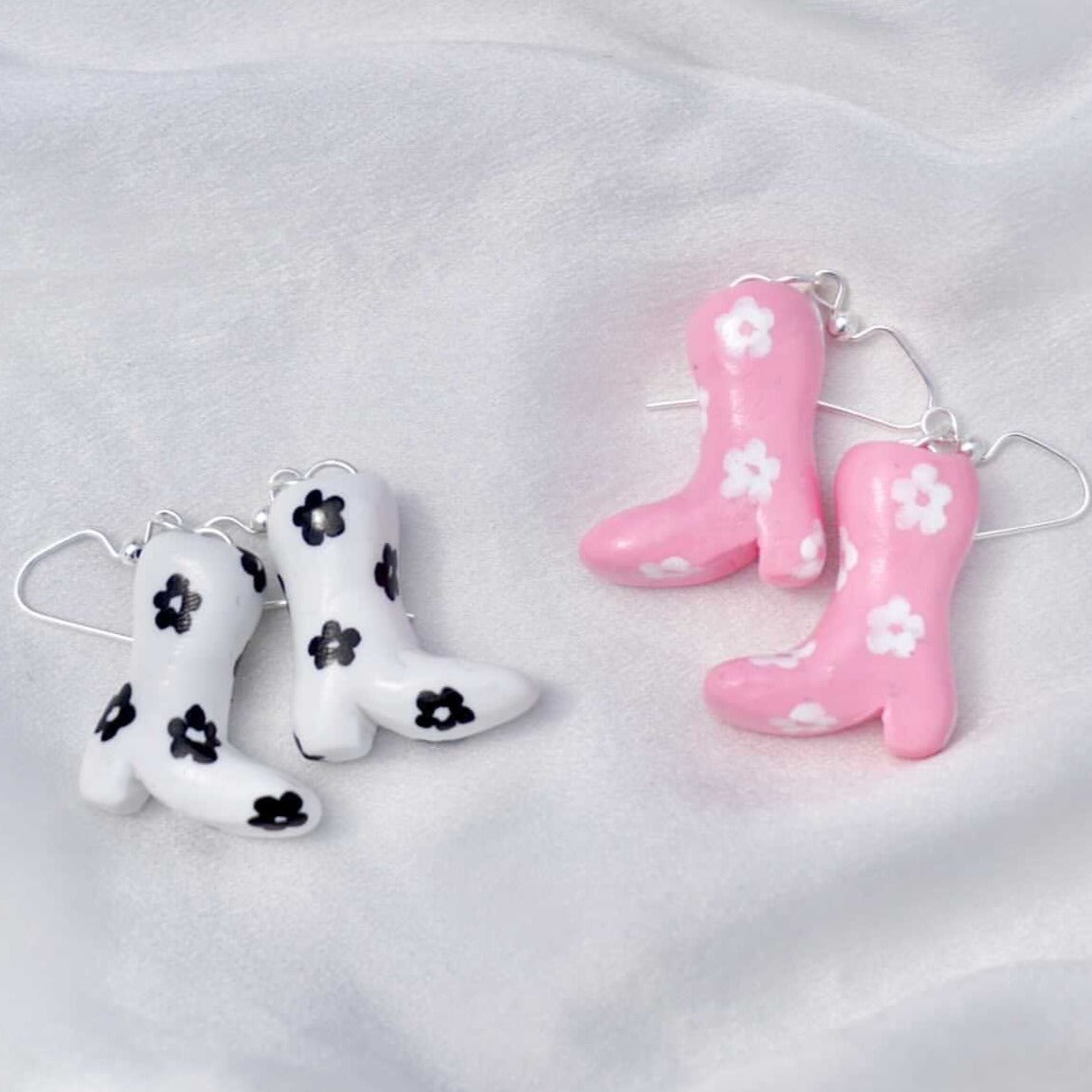 Pink Daisy Print Cowgirl Boot Earrings