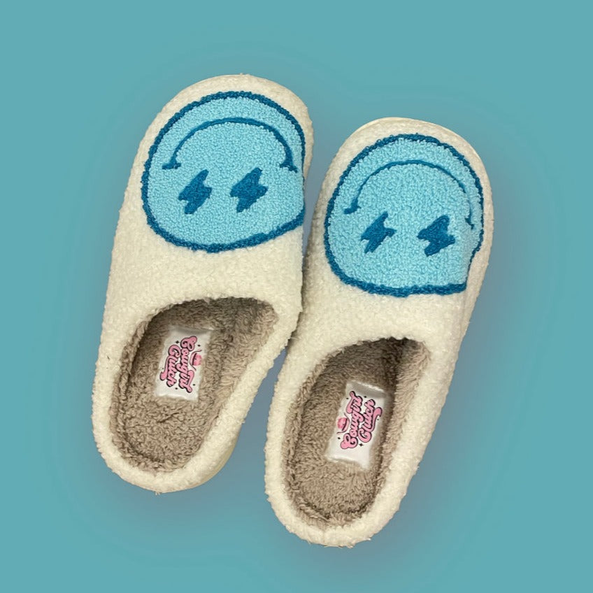 blue lightning preppy smiley face slippers