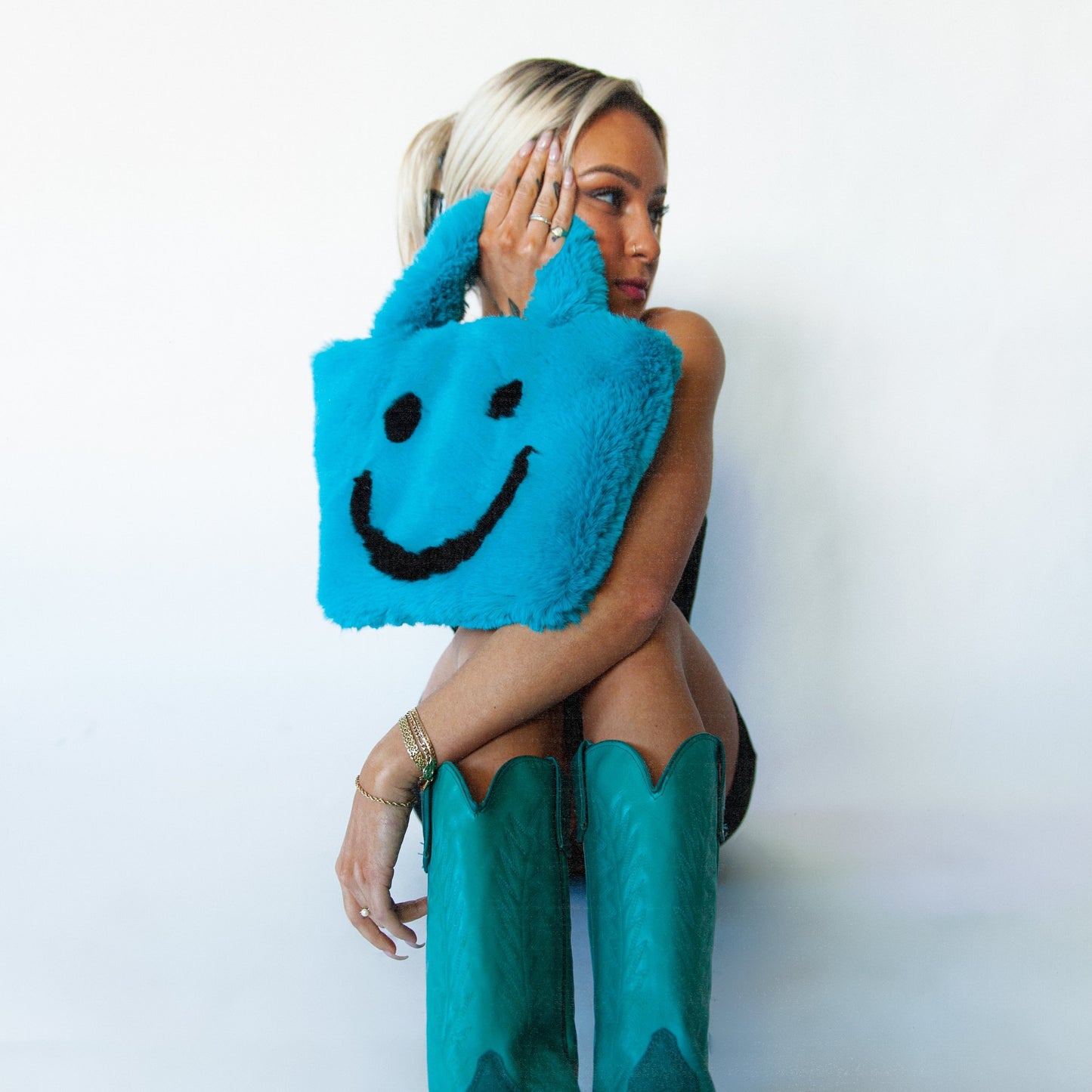 blue smiley cowgirl clutch