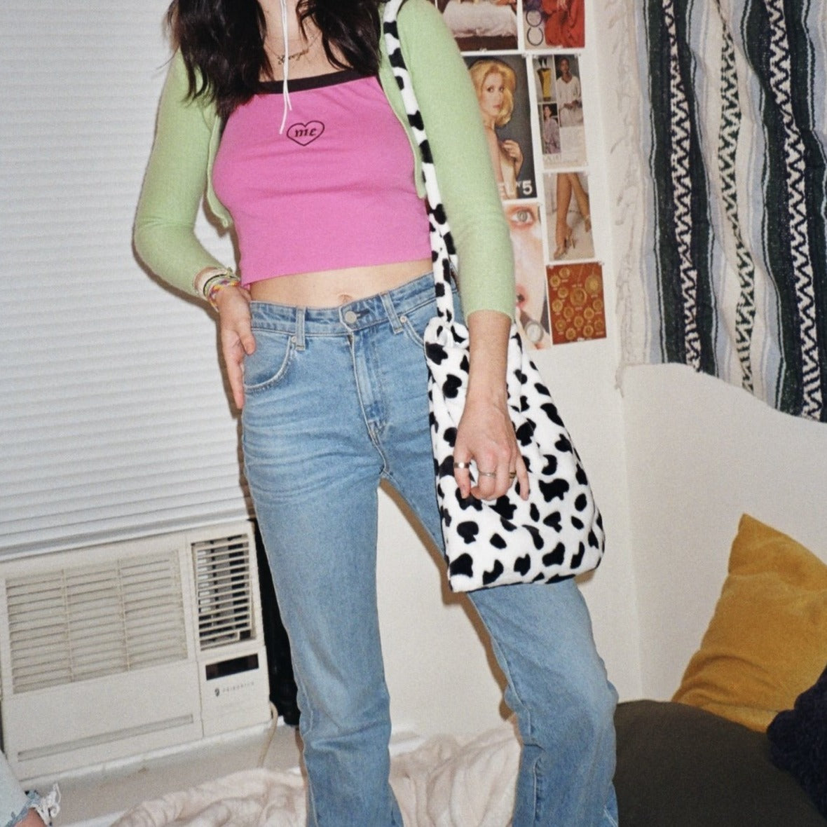 cow print fur tote