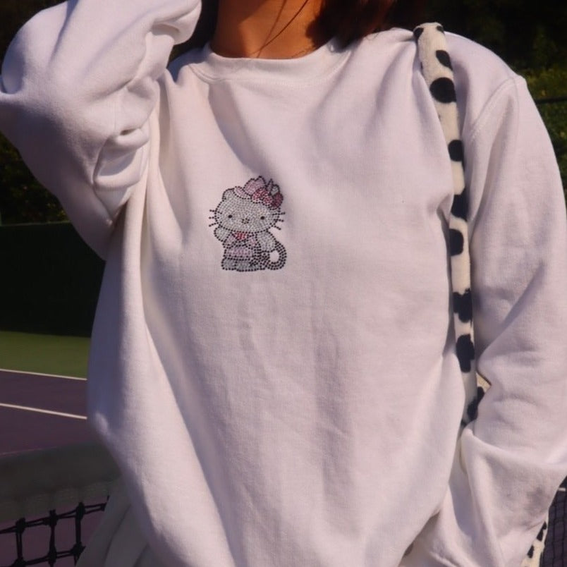 white hello kitty cowgirl rhinestone crewneck
