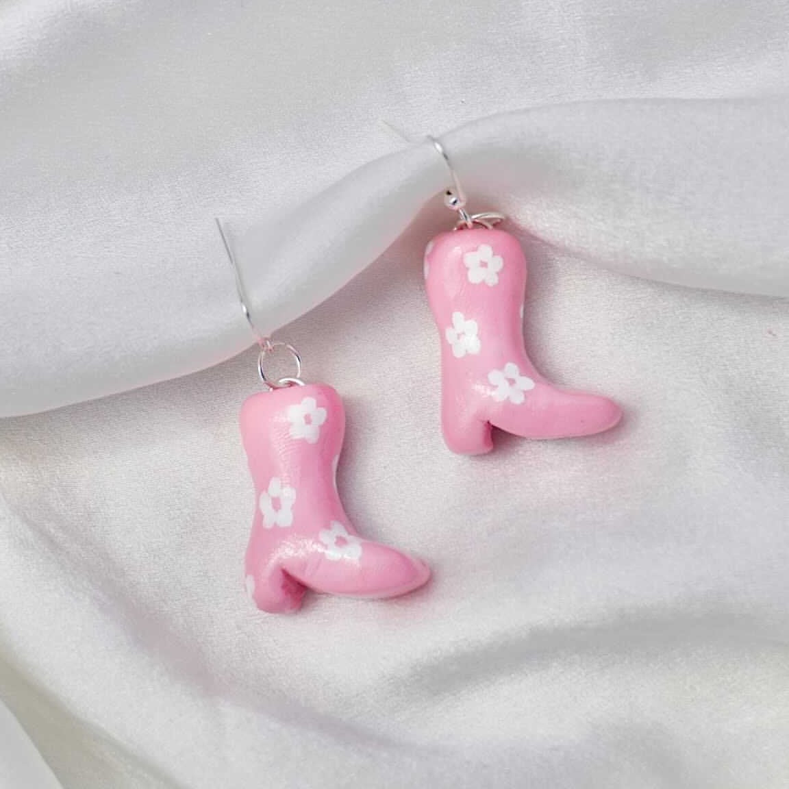 Pink Daisy Print Cowgirl Boot Earrings
