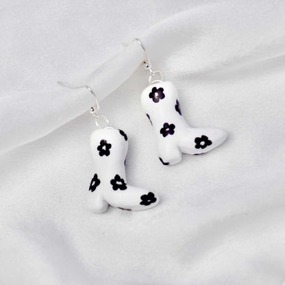 Black & White Daisy Print Cowgirl Boot Earrings
