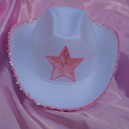 White Cowgirl Hat with Pink Sequin Star
