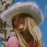 white cowgirl hat with faux fur rim and tiara